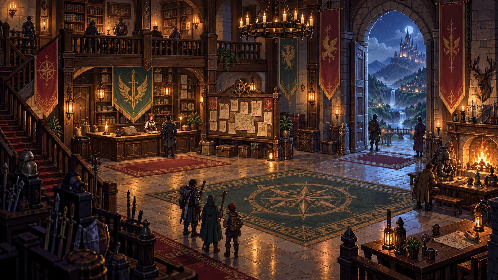 Grande salle d'une guilde médiévale ouvrant sur un royaume fantastique